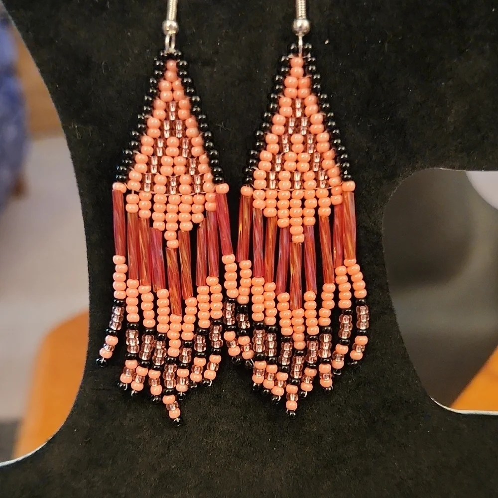 Hand Crafted Black and Pink Beaded Earrings
